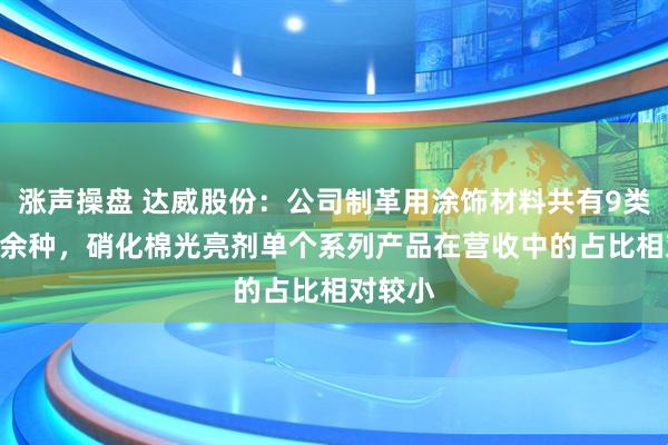 涨声操盘 达威股份：公司制革用涂饰材料共有9类合100余种，硝化棉光亮剂单个系列产品在营收中的占比相对较小